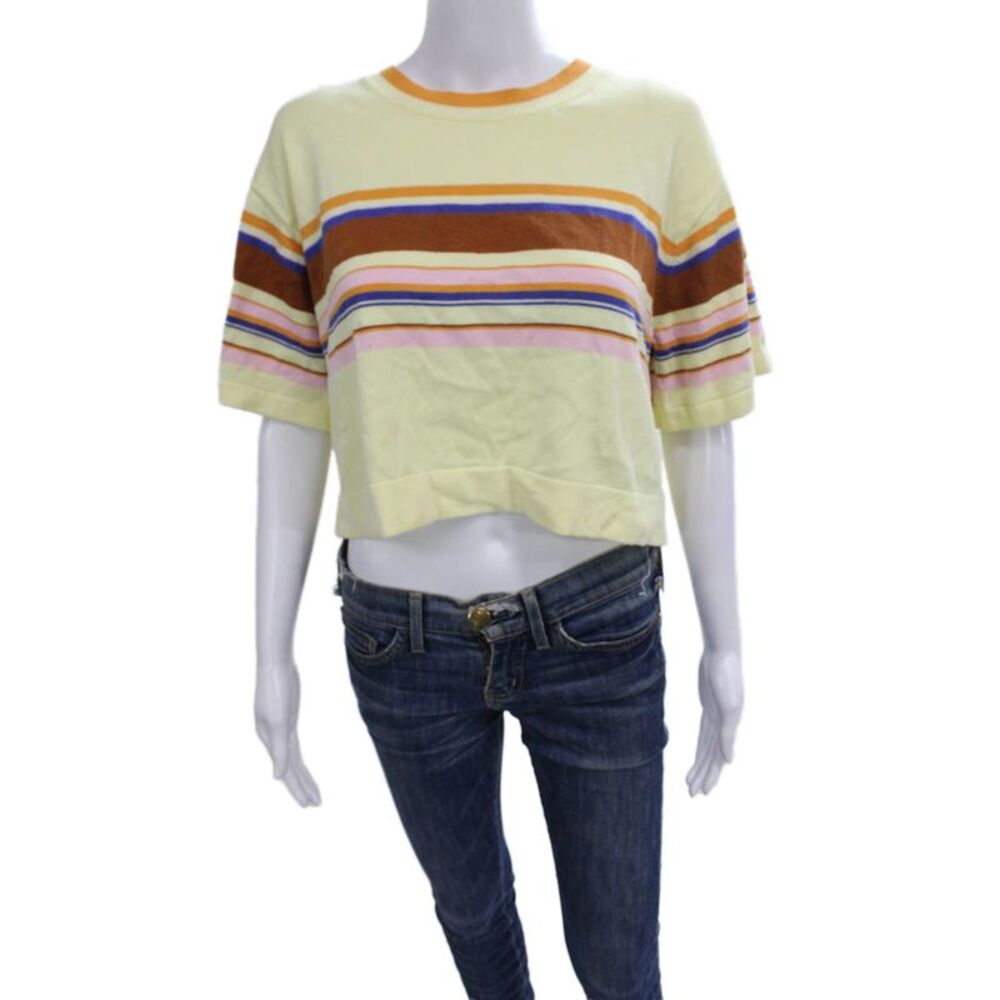 Rodebjer Women Cropped T-Shirt Yellow Striped Cotton Short Sleeve Size S